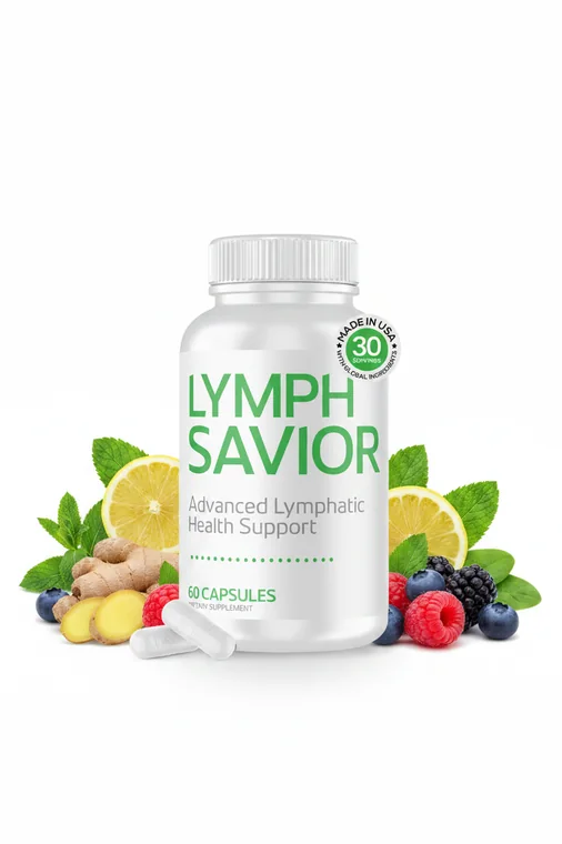 A Lymph Savior bottle photographed among lemon, ginger, mint and berries
