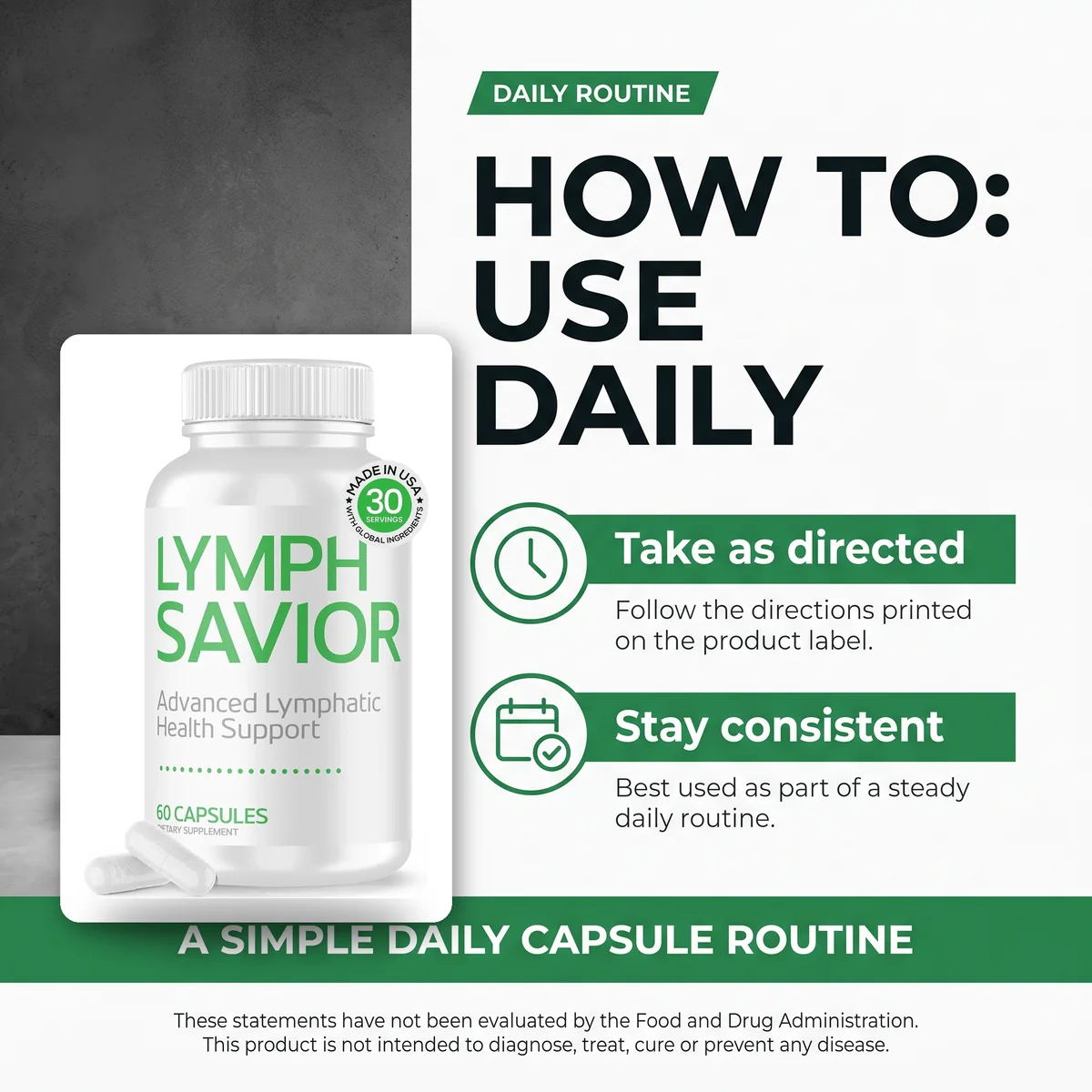 The Lymph Savior daily routine panel supplied with the pack: take as directed, stay consistent