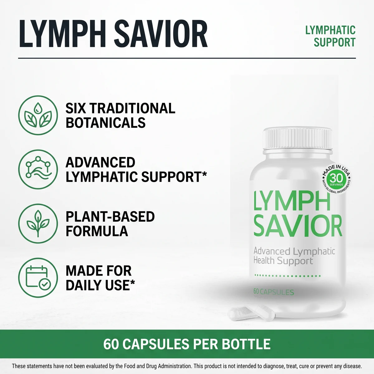The Lymph Savior support panel supplied with the pack, naming six traditional botanicals and a plant-based formula