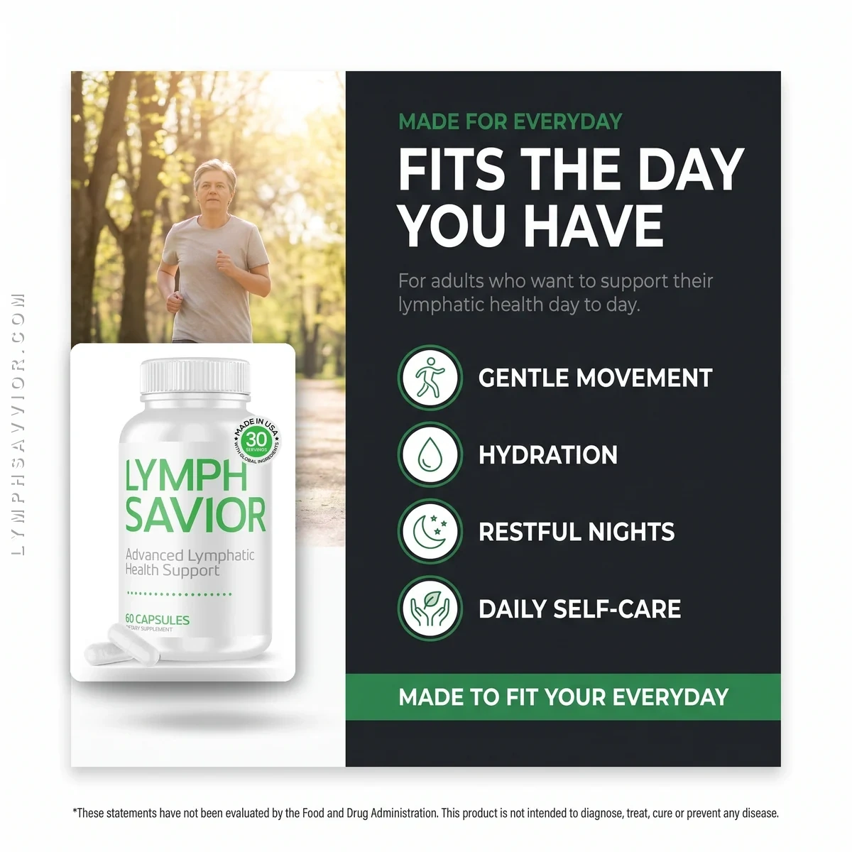 The Lymph Savior who-it-is-for panel supplied with the pack, naming gentle movement, hydration, restful nights and daily self-care