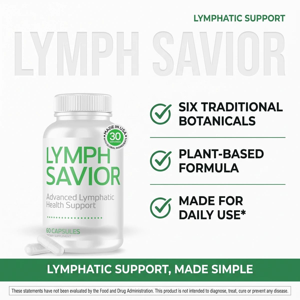 The Lymph Savior why panel supplied with the pack: six traditional botanicals, a plant-based formula and daily use